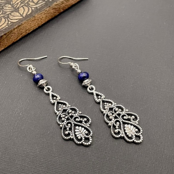 Boho Earrings, Tibetan  Silver Drop Earrings, Blue Dangle Earrings, Ethnic Earrings, Bohemian Earrings, Long Earrings, Statement Earrings