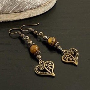 Boho Dangle Earrings, Bronze Drop Earrings, Antique Gold Earrings, Tiger-eye, Ethnic  Style Earrings, Hearts, Boho Jewellery Uk, Statement