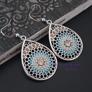 Boho Dangle Earrings,Statement Drop Earrings, Ethnic Earrings, Boho style Jewellery UK, Silver Earrings, Colourful, Embellish, Gift for Her