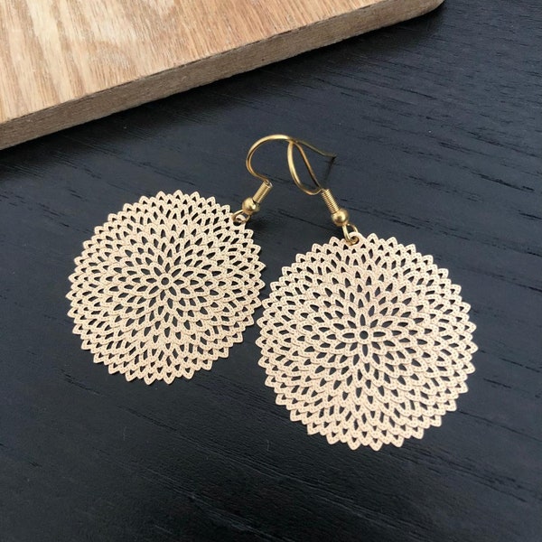 Filigree Gold Tone Dangle Earrings, Gold Drop Lightweight Earrings, Filigree Jewellery Uk, Mandala Earrings, Circle Earrings, Boho Delicate