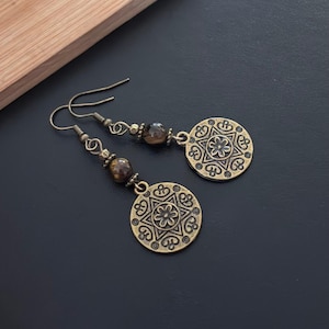 Boho Dangle Earrings, Brown Beaded  Earrings, Antique Gold Earrings, Bronze Drop Earrings, Ethnic Earrings   , Boho Jewellery Uk, Bohemian
