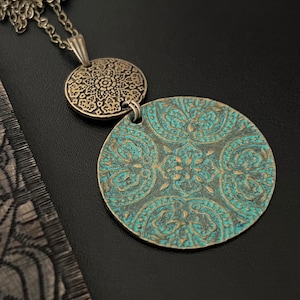 Boho Necklace, Ethnic Style Necklaces, Disc Pendant Necklaces, Patina Charms, Statement Necklaces, Bohemian Necklaces, Antique Gold Necklace