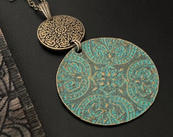 Boho Necklace, Ethnic Style Necklaces, Disc Pendant Necklaces, Patina Charms, Statement Necklaces, Bohemian Necklaces, Antique Gold Necklace