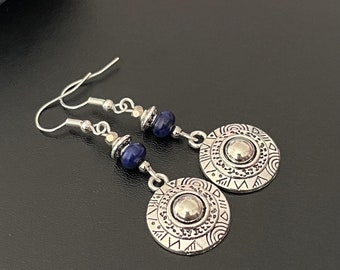 Boho Dangle Earrings, Tibetan Silver Drop Earrings, Ethnic Earrings, Aztec Earrings, Bohemian Earrings, Boho Jewellery, Blue Stone, Gift