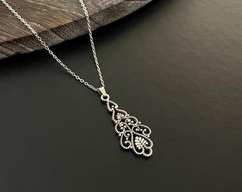 Boho Filigree Pendant Necklace: Antique Silver Plated, Ethnic Jewelry