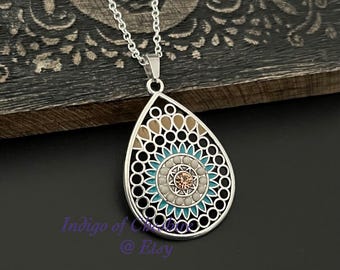 Boho Teardrop Necklace: Silver Mandala Pendant with Gemstone