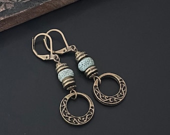 Boho Dangle Earrings, Antique bronze Earrings, Ethnic Style, Bohemian Earrings, Pale Green Earrings, Boho Jewellery Uk, Tribal Earrings