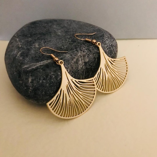 Long Matt Gold Tone Fan Shape Earrings, Gold Filigree Earrings, Gold Leaf Earrings, Boho Style Drop Dangle Earrings, Statement Earrings