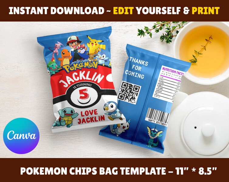 Personalised Pokemon Chips Bag Pokemon Printable Chips Bag Etsy