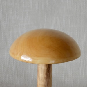 Op de afbeelding: Een houten hoedenstandaard in de vorm van een paddenstoel, met een lichtbruine afwerking. De standaard heeft een gladde, ronde bovenkant en een cilindrische basis.