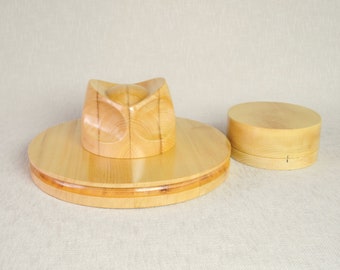 Wooden Fedora and Boater Hat Block Set F32 - 3.5" wide brim - Optional Presser - Fedora Hat Block - Boater Hat Block - Hat Making Tool