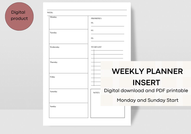 Printable Weekly Insert for Planner Monday and Sunday Pdf Printable ...