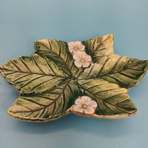 Trinket Dish, Leaf, Painted, Flower Buds, Trinket Tray, Soap Dish, Handpainted, Takahashi, San Francisco, Made in Japan, Foil Sticker, 1970s