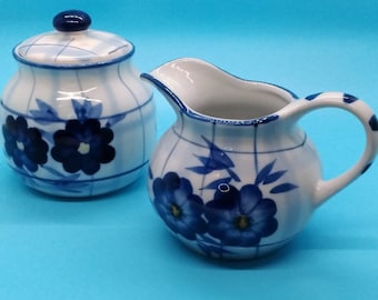 Serving Dishes, Creamer and Lidded Sugar Set, Ceramic, Handpainted, Blue Plaid Floral, Makers Mark, Gryphonware, China, 1980s Used, Vintage