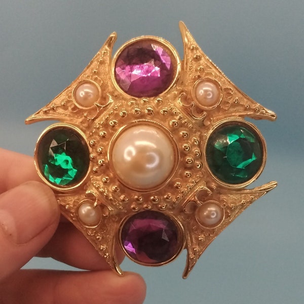 Jewelry, Brooch, Maltese Cross, Gold Tone Statement, Purple And Green Faceted Acrylic Gems, Faux Baroque Pearls, 1980s, Used, Vintage