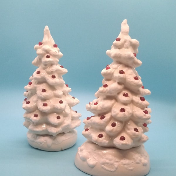 Home Decor, Christmas Trees, Holiday Trees, Ceramic Christmas Trees, White Trees, Red Acrlyic Bead Decor, White Puff Snow,  Hobby,  1970s