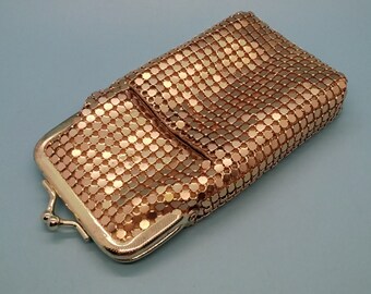 Cigarete Case, Gold Tone Mesh Fabric, Long Narrow Thin Cigarette Case, Snap Kiss Clasp Closure, Outer Pouch Lighter Holder, 1960s, Used vtg.