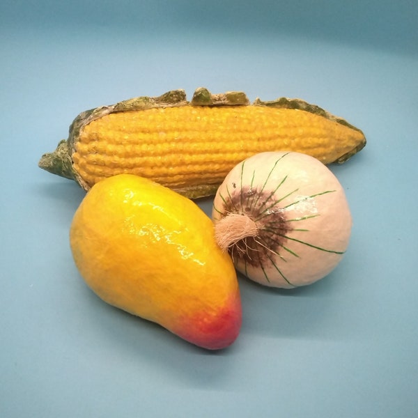 Home Decor, Fruit, Vegetables, Mango, Onion, Corn On The Cob, Paper Mache, Faux Fruit, Faux Vegetables, Artificial, Handcrafted, 1980s used