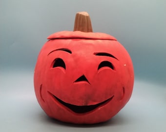 Home Decor, Pumpkin, Carved Pumpkin, Jack-o-Lantern, Halloween Decor, Seasonal Decor, Wax Candle, Tea Light, 1980s, Used, Vintage.