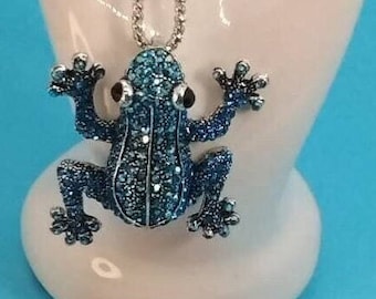 Jewelry Necklace, Frog, Blue Frog Pendant, Rhinestones, Aroura Borealis, Silver Tone, Original Pink Tag, Charm Tag, BJ, Betsey Johnson, 1980