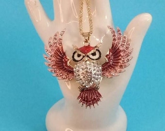 Jewerly, Necklace, Owl Pendant, Magestic Owl, Colored Rhinestones, Wings Out, Gold Tone Metal, Pink Tag, Heart Charm, Betsey Johnson, 1980s