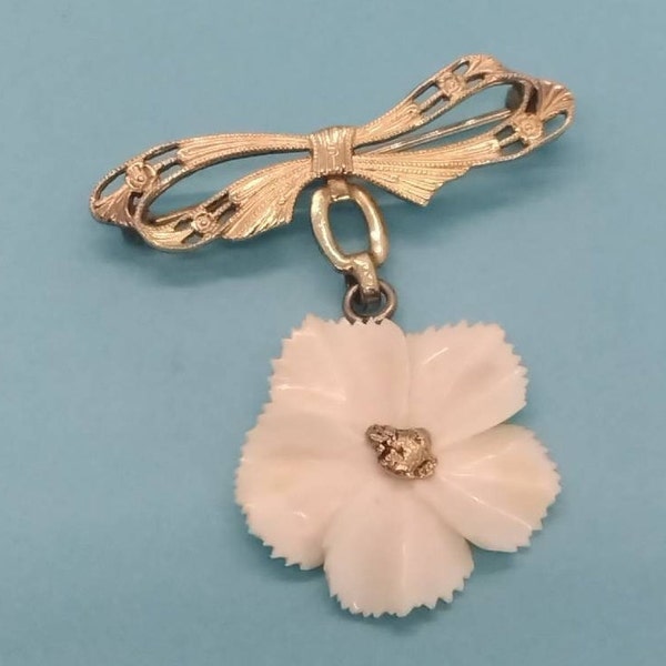Jewelry, Brooch, Flower, Bow, Articulated Dangle, Handcarved, Mother of Pearl, Shell, 10KG Filled Center, Possible Gold Nugget Center, 1950s