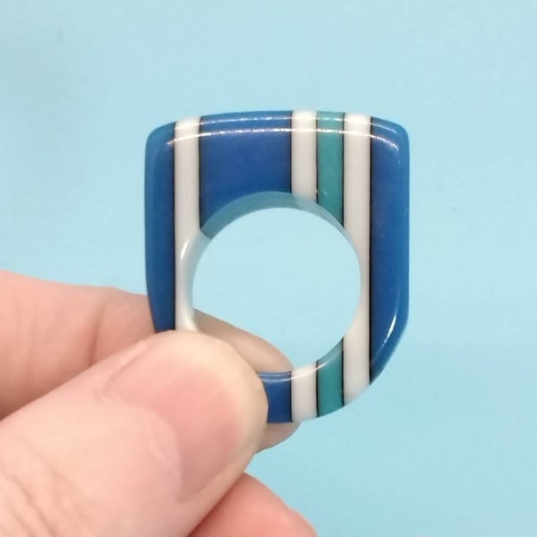 Jewelry, Ring, Acrylic, Lucite, Resin, Plastic, Color Block, Statement Ring, Band Ring, Blue and White,