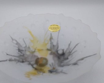 Art Glass, Bowl, Frosted Glass, Splatter Painted, Reverse Painted, Grey Yellow, Via Veneto Collection, Italy, Makers Foil Sticker, 1960s,Vtg