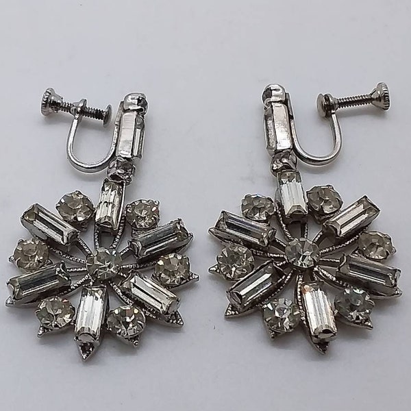 Vintage 1950s Rhinestone Snowflake Dangle Earrings, Silver Tone Screwbacks