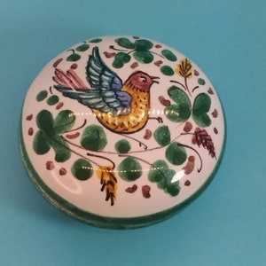 Trinket Dish, Italian Pottery, Made in Italy, Handpainted, Ceramic, Lidded Trinket Dish, Bird Design, Floral Design, Makers Signature,