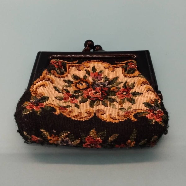 Tapastry, Coin Purse, Carpet Tapestry, Wool Tapestry, Coin Pouch, Bakalite Closure, Black Frame, Ball Snap Closure, Hinged, 1960s