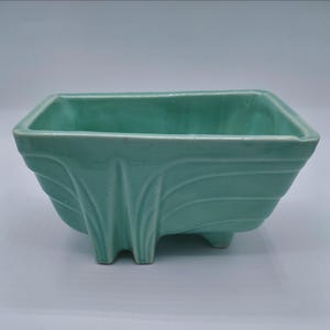 Pot de fleurs, pots d'intérieur/extérieur, pot en céramique vert menthe, pot de fleurs vintage Cookson Art Déco milieu du siècle, sur pied, rectangulaire, fabriqué aux États-Unis