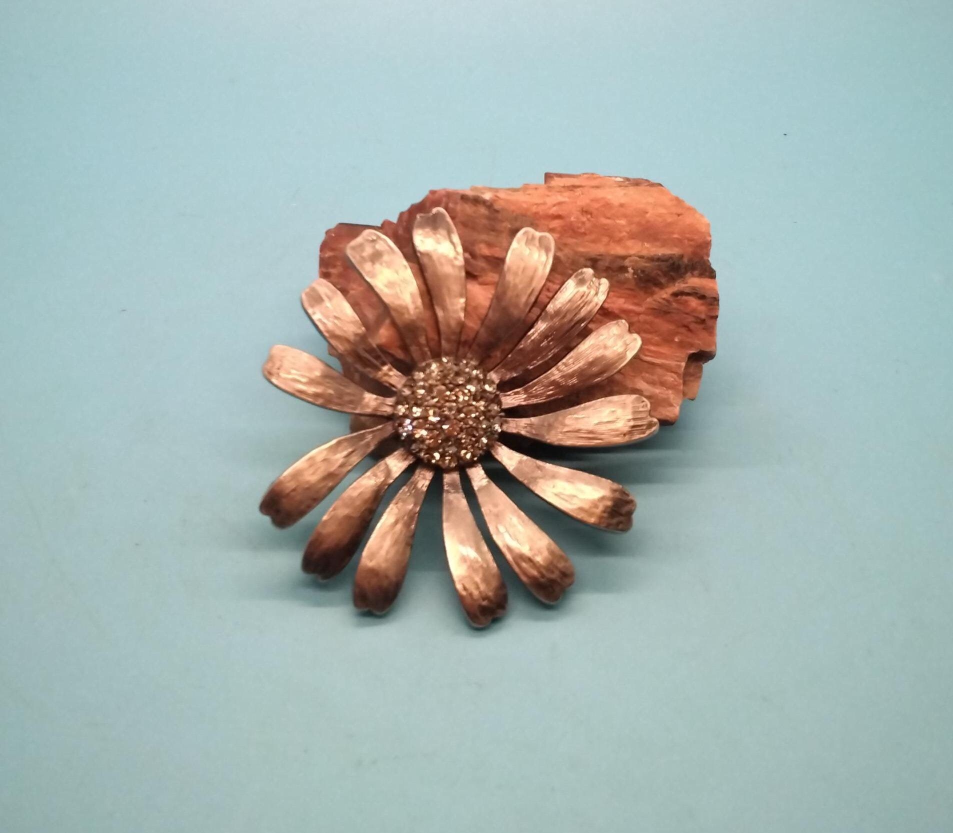 Jewlery, Pendant, Flower Pendant, Daisy Pendant, Large Statement Pendant, Pewter?, Heavy Flower Pendant, Rhinestone Encrusted Center, 1980s