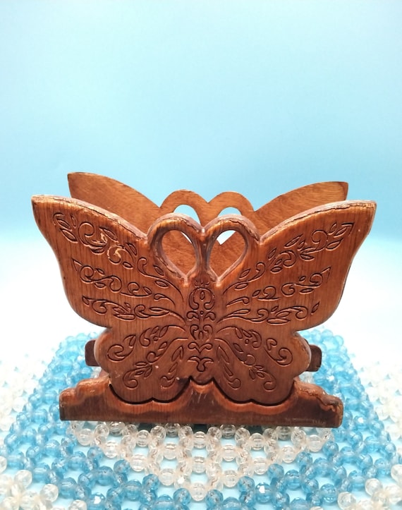 Vintage Butterfly Napkin/Letter Holder, Carved Wood, 1970s