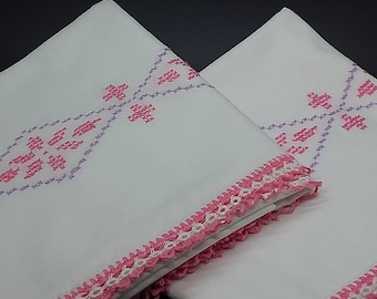 Vintage Linen Pillowcases, Set of Two, Handstitched Crochet Edge