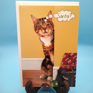 May include: A brown tabby cat peeks around a corner with a thought bubble above its head that says "Santa?" The cat is looking at a stack of wrapped presents with red and white candy cane wrapping paper.