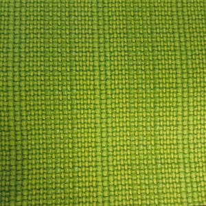 May include: A bright lime green fabric with a distinct woven texture. The material features a grid-like pattern created by interlacing threads, resulting in a uniform, raised surface appearance that is consistent across the entire visible area.