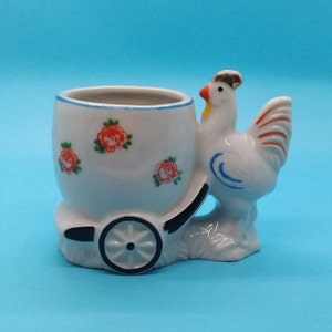 Figurine, Rooster, Farm Bird, Cracked Egg Planter, Rooster Pushing Cracked Egg Planter, Mid Century, Makers Mark, Made In Japan, 1950s, Vtg.