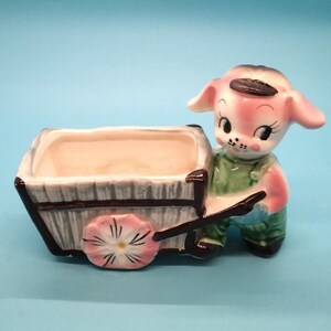 Figurine, Lamb, Anthropomorphic Lamb Pushing Cart, Cute Dressed Lamb, Handpainted, Flower Cart, Flower Wheels, Stamped Item #452, Japan 1960