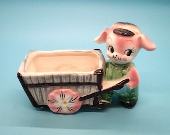 Vintage Anthropomorphic Lamb Figurine, Flower Cart Planter, Japan 1960s