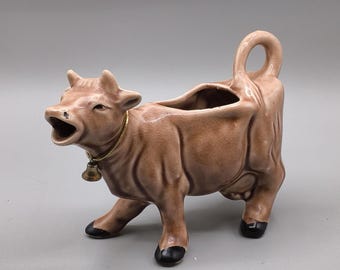 Creamer, Kenmar Ceramic Cow Creamer, Brown Cow Creamer, Whimsically Functional, Mouth Is The Spout, The Tail Is The Handle, Made In Japan
