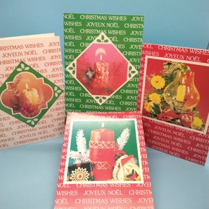 Éphémère, Lot de quatre, Cartes de vœux, Cartes de vœux bilingues, Français, Anglais, Assortiment, Vertical, Message à l'intérieur, Cartes Embassy, Années 80, vtg.