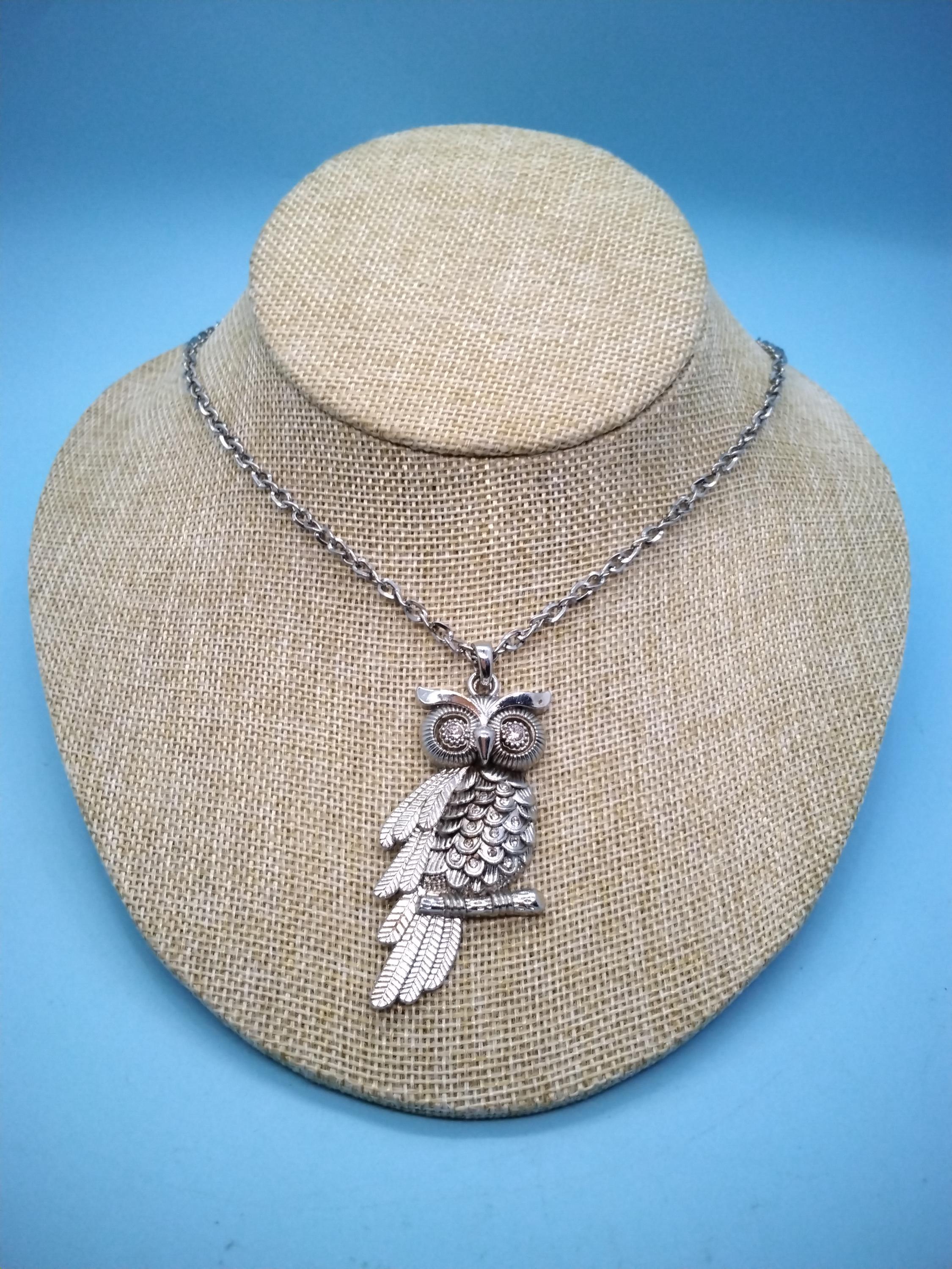 Jewelry, Owl Pendant And Chain, Faceted Rhinestone, Rhinestone? Eyes, Silver Tone Pendant, Silver To