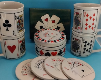 Vintage Card Suit Mugs, Coasters, Wood Card Box, Ceramic Canister Set