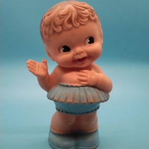 Toys, Doll, Squeaker Doll, Baby Girl Doll, Rubber Doll, Sweet Innocence, Ponytail, Blue Dress, Blue MaryJanes, Working Squeaker, 1950s, Used