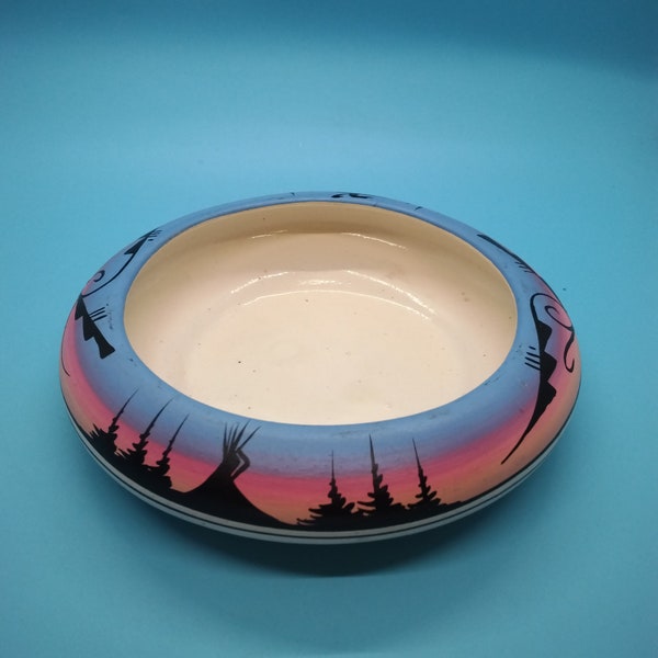 Pottery, Shallow Dish, Navajo Pottery, Blue Rose Fade End Of Trail Artist Rendering, Signed James Benally, Mid Century Modern, 1950s Vtg