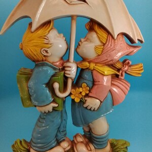 Gallery Wall Art, Boy And Girl, Hole In Umbrella, 3D Wall Decal, Wall Hanging, Makers Mark, Dart Industries, Homco, Made in USA, 1977, vtg image 2