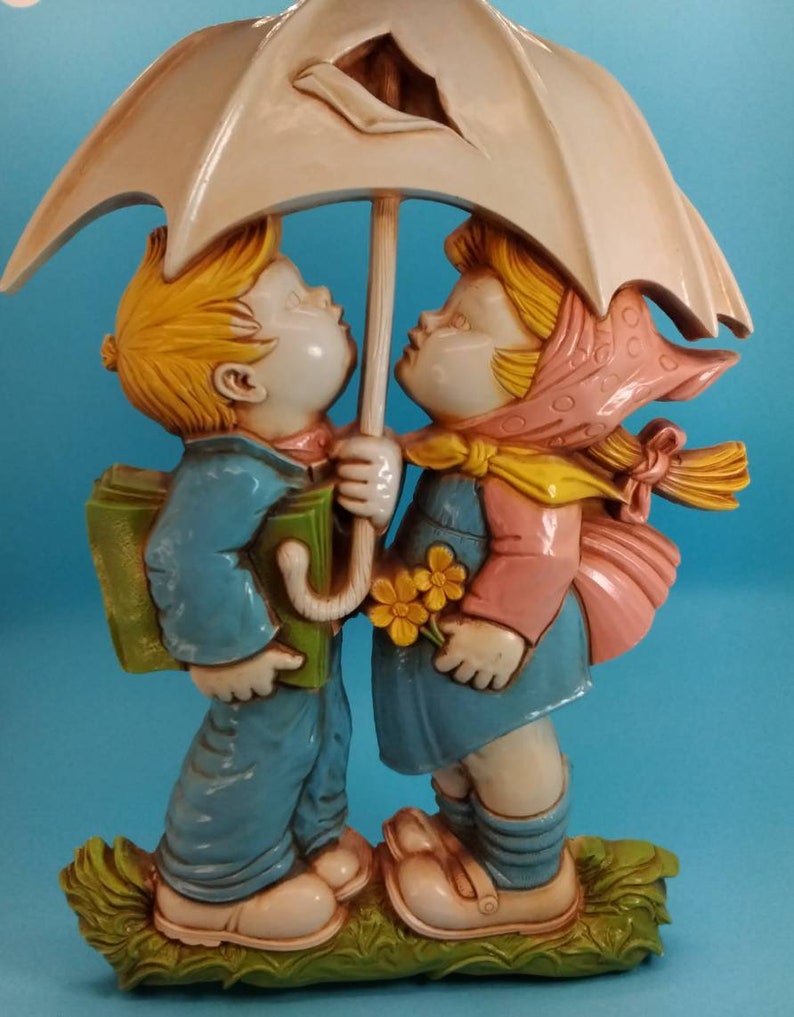 Gallery Wall Art, Boy And Girl, Hole In Umbrella, 3D Wall Decal, Wall Hanging, Makers Mark, Dart Industries, Homco, Made in USA, 1977, vtg image 2