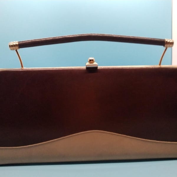 Morton Williams Leather Clutch Handbag, Two Tone Beige Brown, Hide Away Handle