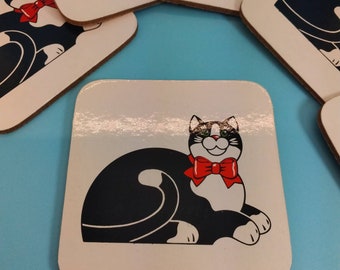 Vintage Black Cat Coasters, Cork Backed Drinkware, Set of 6